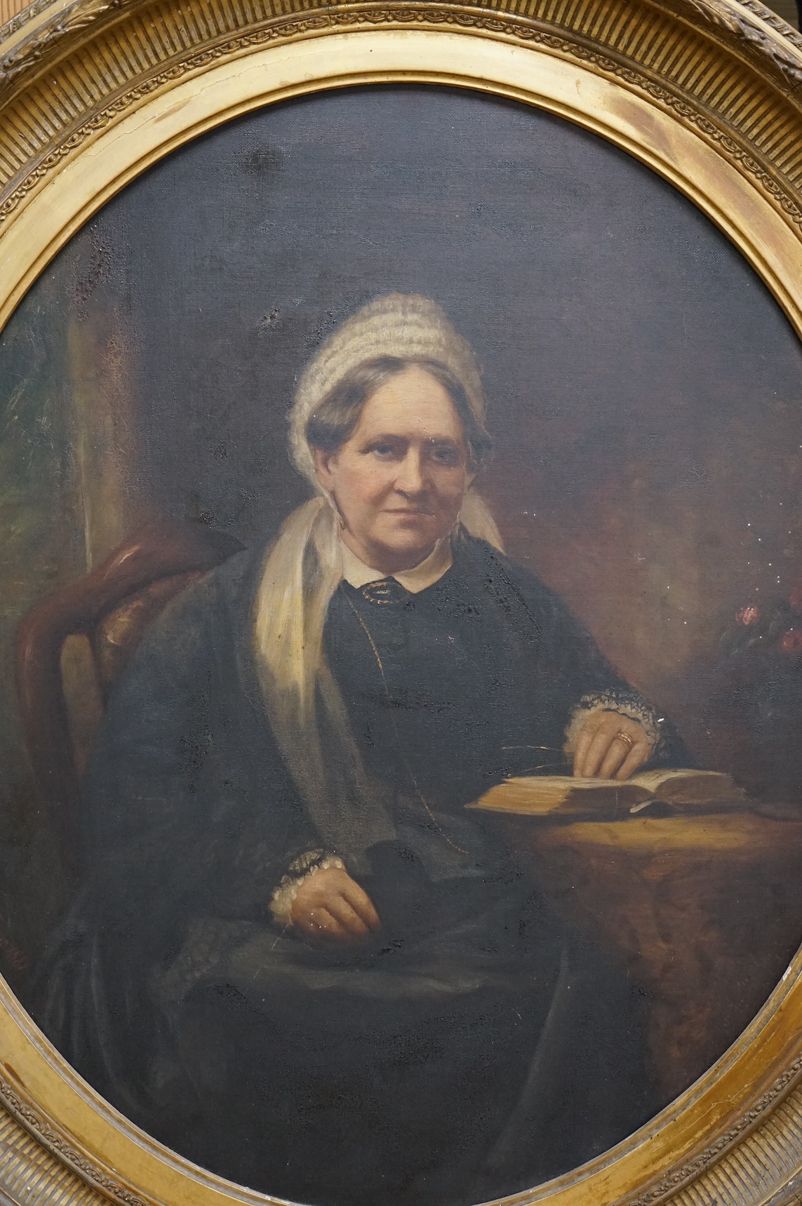19th century, British School, Portrait of Mrs Burgh, signed and dated 1881, oval oil on canvas, gilt frame, 57 x 50cm